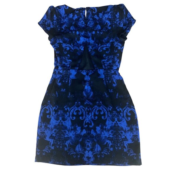 Silence + Noise Blue & Black Damask Pattern Cap Sleeve Dress Side Zipper Size 2 - Picture 8 of 11